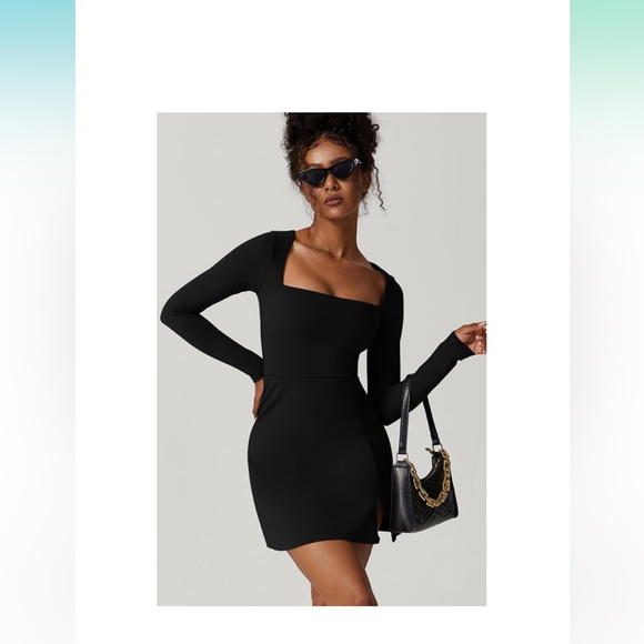 🖤 BLACK Square Neck Bodice Dress Long Sleeve Side Slit Flare Mini Dresses - Picture 2 of 7